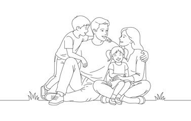 Happy family sitting together outdoors and smiling with love in clean line art illustration style