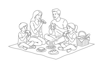 Happy family having a picnic together and eating sandwiches on a blanket in simple line art illustration