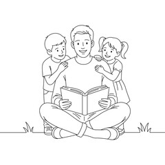Father reading a book to his child at home, warm family moment in simple line art illustration style