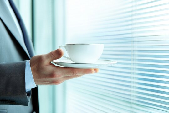 businessman holding coffee cup near window with blinds, morning break or business meeting concept
