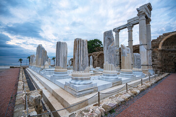 The scenic views of the  exquisite Temple of Apollo stands proudly in Side Old Town on the tip of the peninsula near the beach, Antalya, Turkey