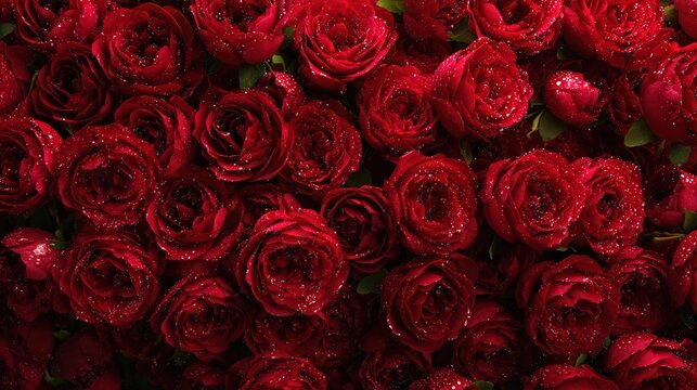 Natural fresh red roses flowers pattern wallpaper. top view, Red rose flower wall background.  rose, blossom, floral, closeup, flower, fresh - Powered by Adobe