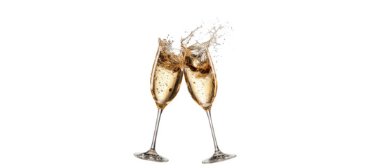 Celebratory champagne glasses toasting with splashing drinks in a joyful event