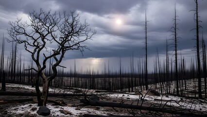 Lone tree in burnt forest under cloudy sky