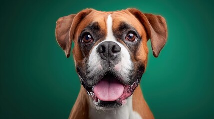 Happy boxer dog portrait with a big smile and tongue out on a green background