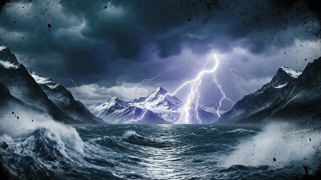 Orchestrating Stormy Ocean Scene with Lightning Across Mountain Lake
