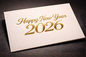 A beige card with gold text reading 'Happy New Year 2026' on a dark surface with subtle shadows, elegant and festive
