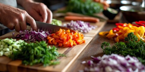 Obraz premium Person dicing fresh vegetables on a wooden cutting board