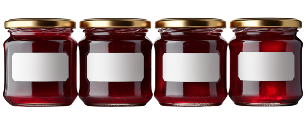 Four jars of jam with gold lids isolated on transparent background