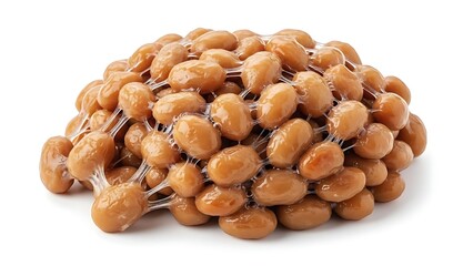 Fototapeta premium Close-up of a pile of traditional Japanese natto, fermented soybeans with a sticky texture, isolated on a white background.
