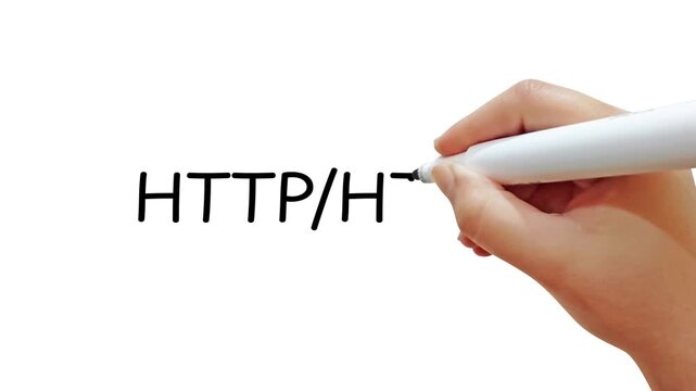 HTTP and HTTPS key web protocol 4k footage writing with marker in hand on the white backdrop. Internet, secure search, website, access.
