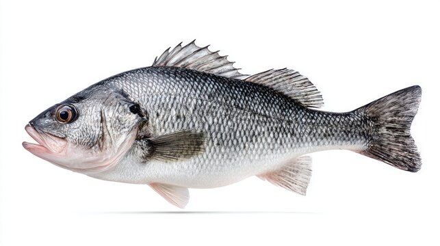 A detailed studio shot of a fresh, whole striped bass fish isolated on white.