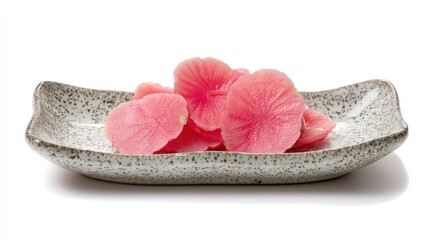 Pickled red radish slices are served on a ceramic plate
