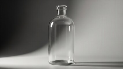 A clear transparent glass bottle stands isolated against a gradient background with soft shadows and highlights on the surface