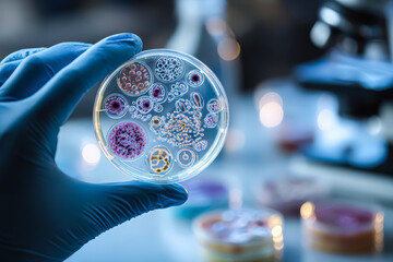 A close up view of a hand holding a Petri dish filled with various colorful microbial cultures, showcasing scientific research in microbiology.