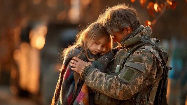 Soldier comforting child in uncertain times