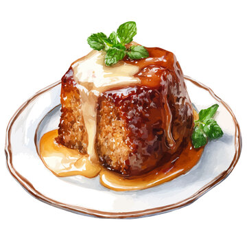 Watercolor painting of Malva Pudding, vector illustration, isolated on white background.