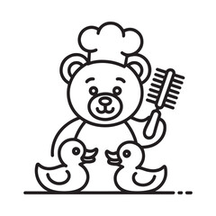 Cute teddy bear with ducklings and a comb line art illustration