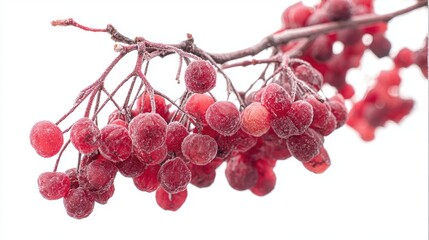 Frozen red rowan berries covered with hoarfrost in winter