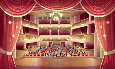 A full theater hall with spectators. Theater hall. View of an empty theater hall with seats. An old vintage theater hall. A performance on stage. Backstage.