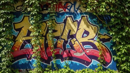 Fototapeta premium Vibrant urban graffiti art covered by green ivy on a city wall
