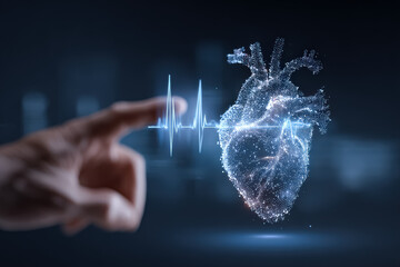 A futuristic representation of a heart created with digital particles, showcasing a heartbeat line. The image symbolizes health technology and innovation.