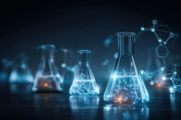 A collection of glowing laboratory flasks and beakers, showcasing vibrant liquids and molecular structures, symbolizing scientific research and innovation.
