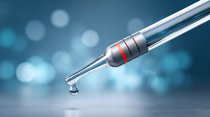 Precision pipette in nanotechnology with droplet of liquid on tip showing accurate fluid control in scientific research