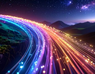 Illuminated pathways over a green hill and mountains beneath a starry sky