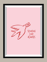 Whimsical Valentine&rsquo;s Day art poster in a frame with hand-drawn ink sketch love doodles and romantic love slogans.