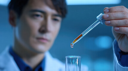 Scientist uses pipette with precision in nanotechnology research to transfer liquid samples carefully in laboratory setting