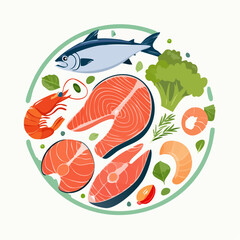 Assorted fresh seafood and vegetables arranged in a circular pattern on a clean white background