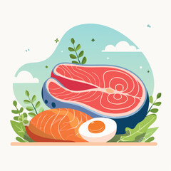 Delicious Cuts of Fresh Meat and Fish with Vegetables and Egg for Healthy Meal