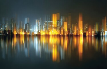 Fototapeta premium Abstract city lights reflecting vertically on dark water at night.