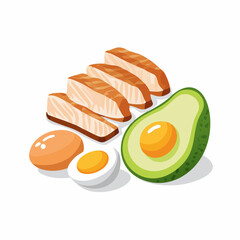 Healthy breakfast with salmon eggs avocado and boiled eggs on white background