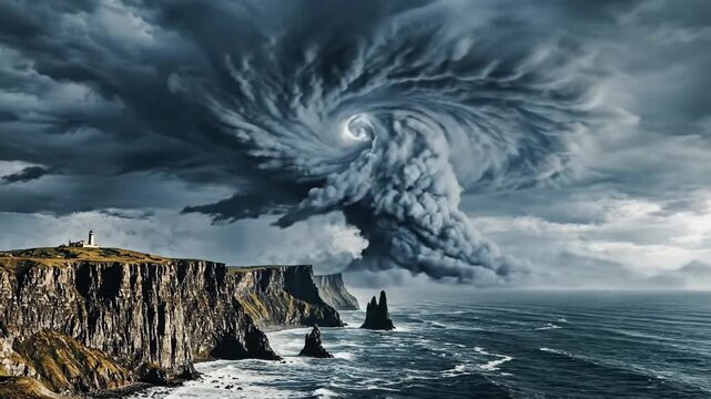 Stormy Coastal Vortex Over Cliffside Landscape