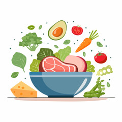 Healthy Fresh Vegetables and Fruits with Raw Meat and Egg in a Bowl for Nutritious Meal Preparation