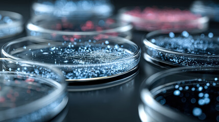 Close up view of petri dishes containing vibrant microbial cultures, showcasing a variety of colors and patterns in a laboratory setting.
