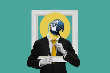 Digital collage modern art, Businessman with Macaw head in frame