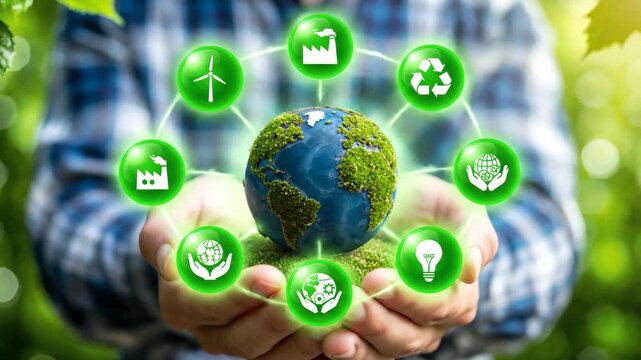 Hands gently holding a miniature Earth with green foliage, surrounded by glowing green icons representing renewable energy and sustainable practices. Blurred green foliage background.