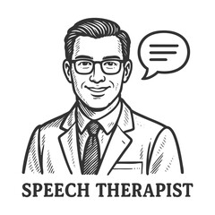 cheerful male speech therapist wearing glasses and a lab coat, with speech bubble for message or text sketch engraving generative ai vector illustration. Scratch board imitation. Black and white image