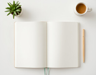 Blank Notebook Mockup on White Desk with Coffee, Pen, and Succulent. Minimalist Flat Lay Workspace for Journaling, Planning, and Home Office Concept.