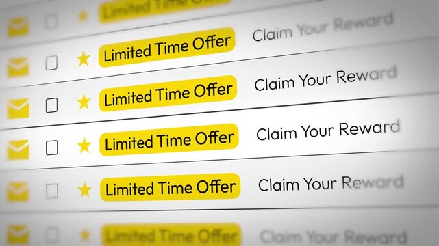 Limited Time Offer promotional emails list scrolling concept design 4k animation.