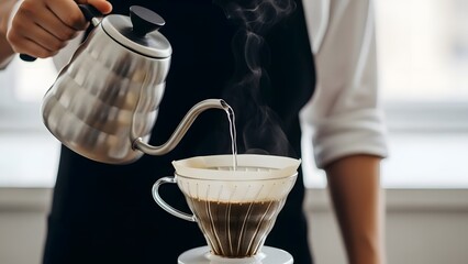 A person carefully pouring hot water into a filter brewing coffee. The steam rising, and the close-up highlights the art of coffee making.