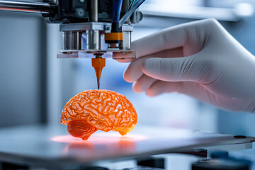A close up of a 3D printer creating a detailed brain model, showcasing advancements in medical research and technology.