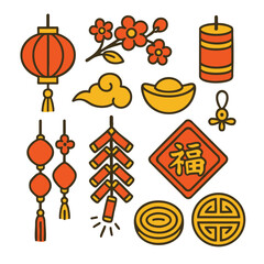 Red lantern spring blossom firecracker gold ingot lucky symbol glow with festive charm