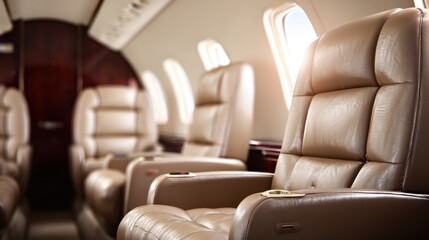 Minimalistic private jet interior featuring sleek modern leather seating in clear focus with gently blurred surroundings of clean lines and subtle textures.
