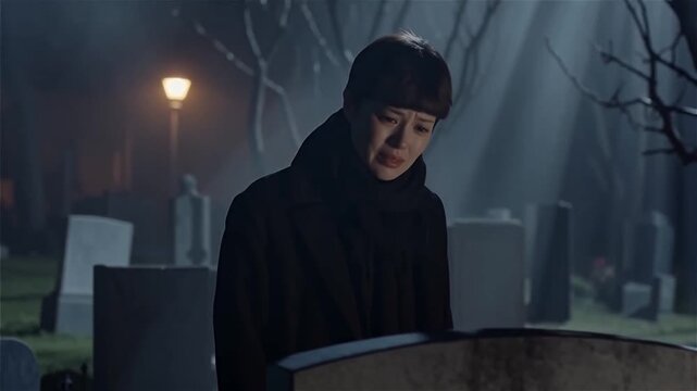 Grieving woman standing alone in front of a gravestone at night. Emotional scene expressing loss, mourning, remembrance and deep sorrow.