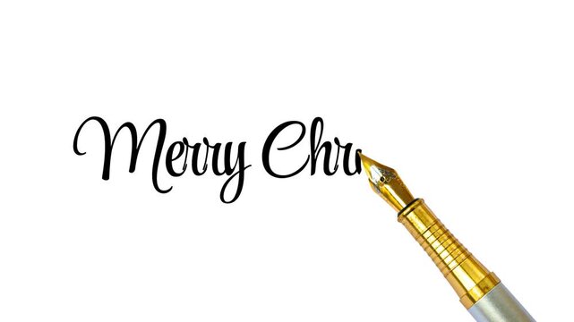 Merry Christmas typography close up writing with pen on the white backdrop, 4k greetings footage.