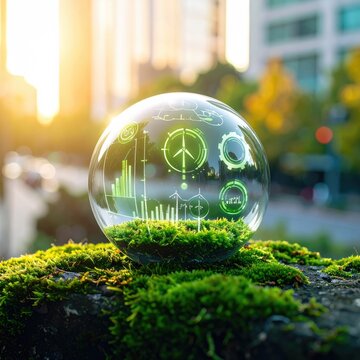 Crystal orb with green graphs and icons atop moss, city backdrop